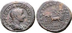 Roman Imperial Gordian III Æ As or Medalette(?). Rome, AD 241. IMP GORDIANVS PIVS FEL AVG, laureate, draped and cuirassed bust to right / PONTIFEX MAX TR P IIII, emperor, holding branch and eagle-tipp