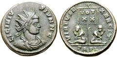 Roman Imperial Licinius II (son of Licinius I), as Caesar, BI Nummus. Arelate, AD 320. LICINIVS IVN N C, radiate, draped and cuirassed bust to right / VIRTVS EXERCIT, military standard marked VOT XX, 