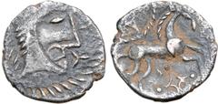 Spain, Gaul and Celtic Britannia, Iceni. 'Norfolk God' AR Unit. Moustache type. 20 BC-AD 10. Male head to right, moustachioed, with oval eye, short dashes for hair with longer crescents behind, each w