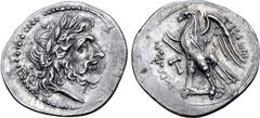 Greek Sicily, Akragas AR Drachm or Half-Shekel. Punic occupation, circa 213-210 BC. Laureate head of Zeus to right / Eagle standing to left with wings spread; T in left field, AKPAΓANTINΩN around. Bur