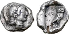 Greek Attica, Athens AR Tetradrachm. Circa 510-500/490 BC. Archaic Head of Athena to right, wearing crested Attic helmet decorated with chevron and dot pattern / AⴲE, owl standing three-quarters right