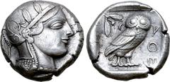 Greek Attica, Athens AR Tetradrachm. Circa 454-404 BC. Late "transitional" issue. Head of Athena to right, wearing crested Attic helmet ornamented with three olive leaves above visor and spiral palmet