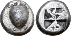 Greek Islands off Attica, Aegina AR Stater. Circa 525-475 BC. Sea turtle, head in profile, with 'T' design in pellets on shell / Incuse square with 'proto-skew' design. Meadows, Aegina, Group IIc; HGC