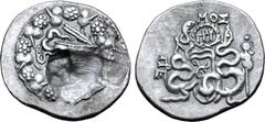 Greek Mysia, Pergamon AR Cistophoric Tetradrachm. Circa 76-67 BC. Serpent emerging from cista mystica; all within ivy wreath / Two serpents entwined around bow and bowcase; MOΣ and monogram above, civ