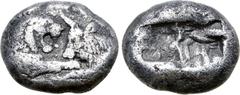 Greek Kingdom of Lydia, Kroisos AR 1/3 Stater. Sardes, circa 561-546 BC. Confronted foreparts of lion to right and bull to left / Two irregular incuse squares. GRPC Lydia S5; SNG Keckman 359; Boston M