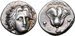 Greek Rhodos, Rhodes AR Didrachm. Circa 340-316 BC. Head of Helios facing slightly to right / Rose with bud to right; POΔION above, grape bunch over E in left field. Ashton 98; HGC 6, 1433. 6.72g, 19m