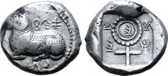 Greek Cyprus, Salamis AR Stater. Nikodamos, circa 460-450 BC. Recumbent ram to right; Cypriot script 'ba-si-le-wo-ni-ko-ta-mo' around / Large ornate ankh enclosing Cypriot 'ni', Cypriot mi-la/ni-se ar