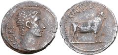 Roman Imperial Augustus AR Denarius. Samos or Pergamum(?), 21-20 BC. CAESAR, bare head to right / AVGVSTVS, bull standing to right. RIC I 475 (Samos?); BMCRE 663 (uncertain mint in the East); RSC 28; 