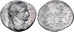 Roman Imperial Augustus AR Denarius. Uncertain Spanish mint (Colonia Caesaraugusta?), 19-18 BC. Head to right, wearing corona civica (oak wreath) / Two laurel trees, CAESAR above, AVGVSTVS below. RIC 