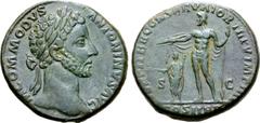 Roman Imperial Commodus Æ Sestertius. Rome, AD 180-181. M COMMODVS ANTONINVS AVG, laureate head right / IVPPITER CONSERVATOR TR P V IMP IIII, Jupiter standing, head left, holding thunderbolt in right 