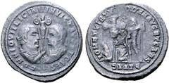 Roman Imperial Licinius I, with Licinius II as Caesar BI Nummus. Antioch, AD 320-321. DD NN IOVII LICINII INVICT AVG ET CAES, confronting busts of Licinius I and Licinius II, laureate, draped and cuir
