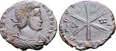 Roman Imperial Constantius II BI Centenionalis Treveri, AD 353. D N CONSTANTIVS P F AVG, pearl-diademed, draped and cuirassed bust to right / SALVS [AVG NO]STRI, Chi-Ro; A-ω across fields; TRS* in exe