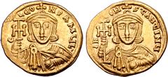 Byzantine Leo III 'the Isaurian', with Constantine V, AV Solidus. Constantinople, AD 742-745. C LЄON P A MЧL', crowned and draped bust of Leo facing, holding cross potent and akakia / ∂N CONSƮANƮINЧ, 