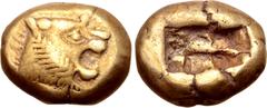 Greek Kingdom of Lydia, Alyattes EL Trite - 1/3 Stater. Sardes, circa 610-560 BC. Head of roaring lion to right, sunburst with four(?) rays on forehead / Two incuse square punches. GRPC Lydia G24; Wei