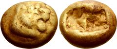 Greek Kingdom of Lydia, Alyattes EL Hekte - 1/6 Stater. Sardes, circa 610-560 BC. Lion's head to left with open jaws; [legend] to right / Two incuse square punches. GRPC Lydia G28; Weidauer 104 (same 
