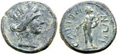 Greek Lydia, Saitta Æ 17mm. Pseudo-autonomous issue, circa AD 100-218. Turreted head of Tyche to right / ϹΑΙΤΤΗΝΩΝ, nude figure of Apollo standing facing, head to left, holding branch and bow. GRPC Ly
