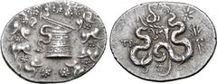 Greek Lydia, Tralleis AR Cistophoric Tetradrachm. Circa 155-145 BC. Serpent emerging from cista mystica; all within ivy wreath / Two serpents entwined around bow and bowcase; TPAΛ to left, star over t
