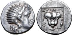 Greek Rhodos, Rhodes AR Drachm. Circa 150-125 BC. Plinthophoric standard. Euanor, magistrate. Radiate head of Helios to right / Rose with bud to left, EYANΩP above; P-O across fields, kerykeion to lef