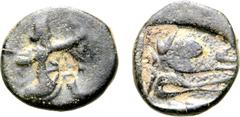 Greek Persia, Achaemenid Empire Æ 13mm. Time of Artaxerxes III to Darios III. Uncertain mint (Ephesos?), circa 350-333 BC. Persian king or hero in kneeling-running stance to right, holding spear and d