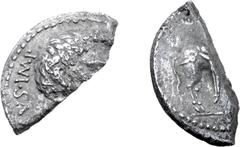 Roman Imperatorial Quintus Labienus AR Denarius Fragment. Uncertain mint in Syria or south-eastern Asia Minor, early 40 BC. Bare head to right; [Q•LABIENVS•PARTHI]CVS•IMP around / Horse standing facin