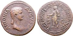 Roman Imperial Antonia (mother of Claudius I) Ӕ Dupondius. Rome, AD 50-54. ANTONIA AVGVSTA, draped bust to right / TI CLAVDIVS CAESAR AVG P M TR P IMP P P, Claudius veiled and togate, standing facing,