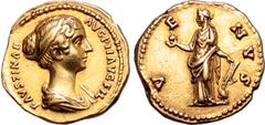 Roman Imperial Faustina II (daughter of A. Pius) AV Aureus. Rome, circa AD 138-161. FAVSTINAE AVG PII AVG FIL, draped bust to right, with a double band of pearls around head / VENVS, Venus standing fa