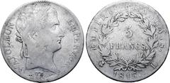 Medieval and World France, Les Cent-Jours (The Hundred Days). Napoleon I AR 5 Francs. Bayonne mint, 1815 L. Dies by Nicolas-Antoine Brenet. NAPOLEON EMPEREUR., laureate head to right; small BRENET on 