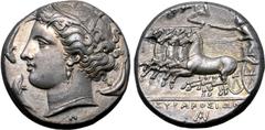 Greek Sicily, Syracuse AR Tetradrachm. Time of Agathokles, circa 310-305 BC. Wreathed head of Arethusa to left, wearing triple-pendent earring and necklace; three dolphins around, monogram below neck 