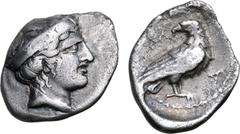 Greek Elis, Olympia AR Hemidrachm. Hera mint, 101st-102nd Olympiads, circa 376-372 BC. Head of Hera to right, wearing stephane ornamented with four palmettes / Eagle standing to right with closed wing