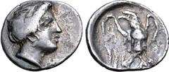 Greek Elis, Olympia AR Hemidrachm. Hera mint, circa 320s BC. Head of the nymph Olympia to right, her hair rolled / Eagle standing facing with open wings and head to left. BCD Olympia 210 = HGC 5, 457 