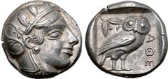 Greek Attica, Athens AR Tetradrachm. Circa 460-454 BC. Late "transitional" issue. Head of Athena to right, wearing crested Attic helmet ornamented with three olive leaves above visor and spiral palmet