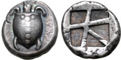 Greek Islands off Attica, Aegina AR Stater. Circa 480-457 BC. Sea turtle, head in profile, with 'T' design in pellets on shell / Large square incuse with skew pattern. Meadows, Aegina, Group IIIa; Mil