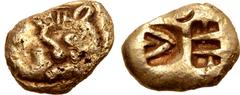 Greek Skythia, Borysthenes EL Stater. Circa 550-500 BC. Lydo-Milesian standard. Lion curled in foetal position / Two incuse squares with geometric patterns; incuse crescent on one side. Anokhin 150; H