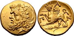 Greek Kimmerian Bosporos, Pantikapaion AV Stater. Circa 325-310 BC. Head of bearded satyr to left, wearing ivy wreath / Π-Α-Ν around griffin standing to left on grain ear, with forepaw raised and head