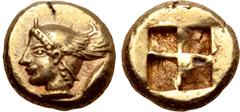 Greek Mysia, Kyzikos EL Hemihekte. Circa 550-500 BC. Head of youthful Perseus to left, wearing winged helmet; tunny fish downwards behind / Quadripartite incuse square. Roma XX, lot 204 (same dies); L