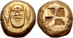 Greek Mysia, Kyzikos EL Stater. Circa 500-450 BC. Head of Silenos facing; tunny fish upward to either side / Quadripartite incuse square. CNG 75, 23 May 2007, lot 336; cf. Von Fritze 77 (fractions); S