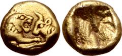 Greek Kingdom of Lydia, Kroisos AV 1/24 Stater. Heavy standard. Sardes, 550-520 BC. Confronted foreparts of roaring lion to right, with extended foreleg, and bull to left / Incuse square. GRPC Lydia G