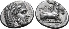 Greek Cyprus, Salamis AR Stater. Evagoras I, circa 411-374 BC. Head of bearded Herakles to right, wearing lion skin headdress, Cypriot script before / Goat with long horns and beard lying to right on 