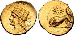 Greek Cyprus, Salamis AV Stater. Evagoras II, circa 361-351 BC. Turreted head of Aphrodite to left; EYA behind / Lion standing to left, eagle standing to left on its back with head reverted; star abov