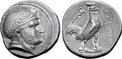 Greek Baktria, Sophytes AR Tetradrachm. Uncertain mint in the Oxus region, circa 246/5-235 BC. Attic standard. Head of Seleukos(?)to right, wearing laurel wreathed Attic helmet decorated with spiral p
