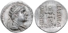 Greek Greco-Baktrian Kingdom, Demetrios II AR Tetradrachm. Circa 150-145 BC. Diademed and draped bust to right / Athena standing facing, holding spear and shield set on ground; BAΣIEΛΩΣ to right, ΔHMH