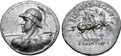 Greek Greco-Baktrian Kingdom, Eukratides I Megas AR Tetradrachm. Circa 170-145 BC. Diademed heroic bust to left, seen from behind, wearing crested helmet adorned with bull's horn and ear, brandishing 
