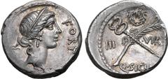 Roman Republic Q. Sicinius AR Denarius. Rome, 49 BC. Diademed head of Fortuna to right; [P]•R upwards behind, FORT before / Palm-branch and caduceus in saltire, laurel wreath above; III-VIR across fie