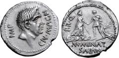 Roman Imperatorial Cnaeus Pompeius Junior and M. Minatius Sabinus AR Denarius. Corduba, 46-45 BC. CN•MAGN IMP, head of Cnaeus Pompeius Magnus to right / Personification of Corduba, turreted, standing 