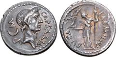 Roman Imperatorial Julius Caesar AR Denarius. Rome, January - February 44 BC. L. Aemilius Buca, moneyer. Laureate head to right; CAESAR•IM before, P M and crescent behind / Venus Victrix standing to l