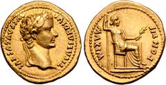 Roman Imperial Tiberius AV Aureus. Lugdunum, circa AD 14-37. TI CAESAR DIVI AVG F AVGVSTVS, laureate head to right / PONTIF MAXIM, Livia, as Pax seated to right on throne with plain legs, holding bran