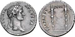 Roman Imperial Antonia Minor (mother of Claudius) AR Denarius. Rome, AD 41-45. ANTONIA AVGVSTA, draped bust to right, wearing crown of corn-ears, hair in long plait behind / SACERDOS DIVI [AVGVSTI], t