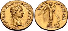 Roman Imperial Claudius I AV Aureus. Rome, AD 46-47. TI CLAVD CAESAR AVG P M TR P VI IMP XI, laureate head to right / PACI AVGVSTAE, Pax-Nemesis advancing to right, holding long winged caduceus in lef