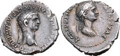Roman Imperial Claudius I, with Agrippina II (niece and wife of Claudius), AR Denarius. Rome, AD 50-51. TI CLAVD CAESAR AVG GERM P M TRIB POT P P, laureate head of Claudius to right / AGRIPPINAE AVGVS