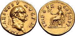 Roman Imperial Vespasian AV Aureus. Rome, AD 71. IMP CAES VESP AVG P M, laureate head to right / TRI POT II COS III P P, Pax seated to left, holding olive branch and caduceus. RIC II.2 40; C. 565; BMC